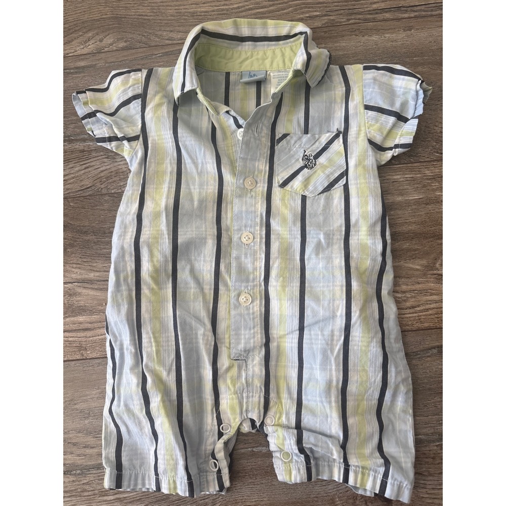 US Polo Assn Baby Boy Romper 3-6M Blue Lime Green Striped Cotton Sunsuit